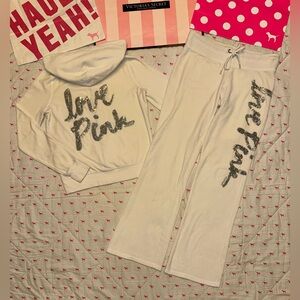 VS PINK VINTAGE Y2K VELOUR TRACKSUIT SET HOODIE & FLARE PANTS CREAM SILVER BLING